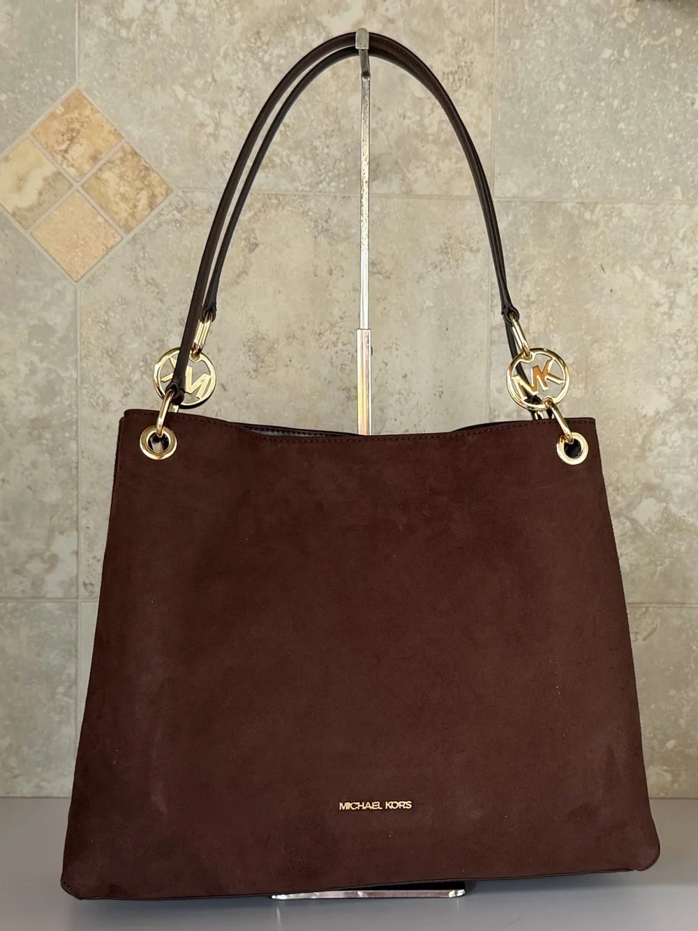 Michael Kors Christina LG MK Logo Chain Shoulder Tote Bag Dark Brown